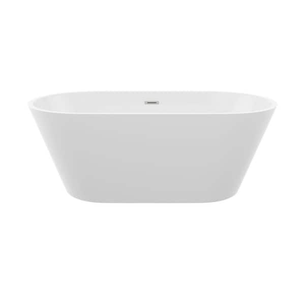 59 in. Acrylic Freestanding Flatbottom Double Ended Rectangular Soaking Bathtub in Glossy White with Brass Drain