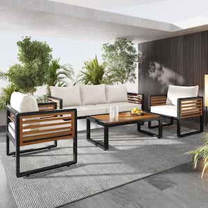 4-Piece Metal Patio Conversation Set with Removable BeigeCushion Table