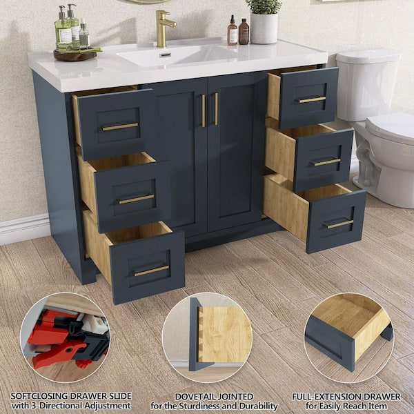 48 in. W Single Sink Freestanding Solid Wood Bath Vanity in Navy Blue with White Solid Surface Top and Basin