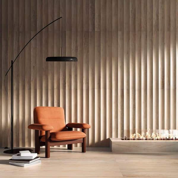 Auramar Waves Travertino Crema Beige 8 in. x 0.39 in. 3D Travertine Look Matte Porcelain Wall Tile Sample