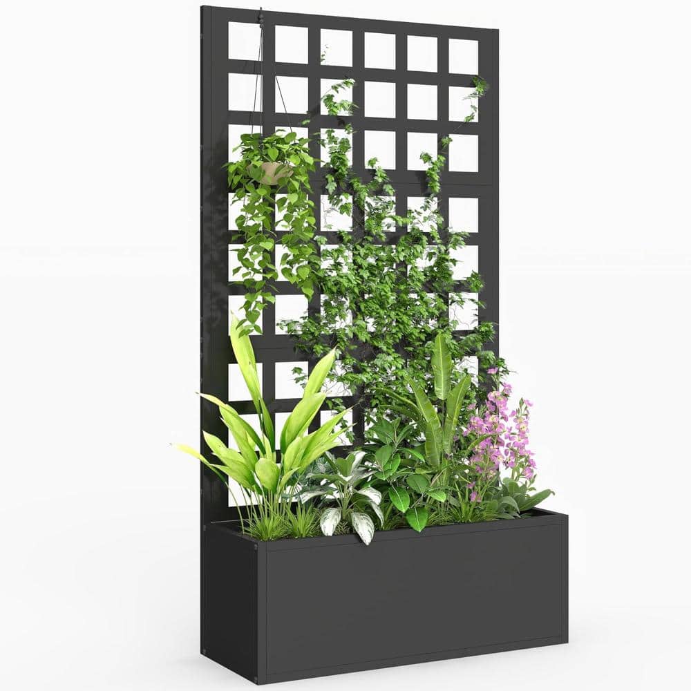 Galvanized Raised Garden Bed with Trellis, Metal Planter Box Privacy Screen for Climbing Plants, 24" x 9" x 44.5", Black
