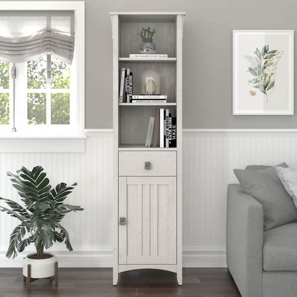 Bush Furniture Salinas 18.9 in. W x 15.67 in. D x 68.11 in. H White Particle Board Freestanding Linen Cabinet in Linen White Oak