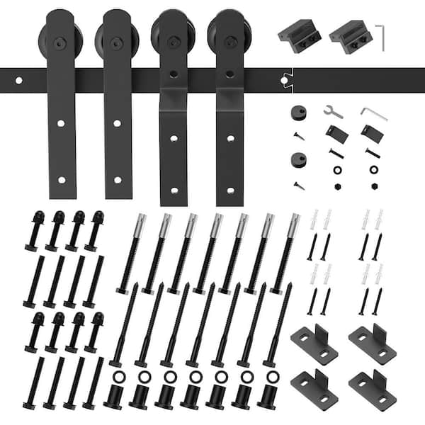 Movisa 12 ft. I-Shaped Bypass Sliding Barn Door Kit for Double Door, Black Steel