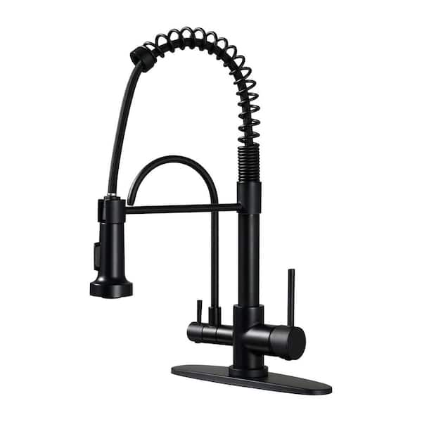 ARCORA Double Handles Solid Brass Pull Down Sprayer Kitchen Faucet with Drinking Water Filter in Matte Black