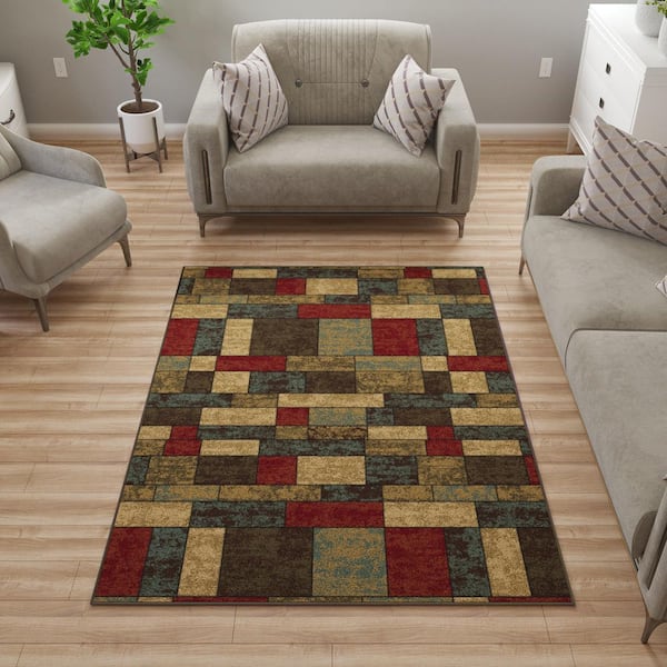 Basics Collection Non-Slip Rubberback Boxes Design 5x7 Indoor Area Rug, 5 ft. x 6 ft. 6 in., Multicolor