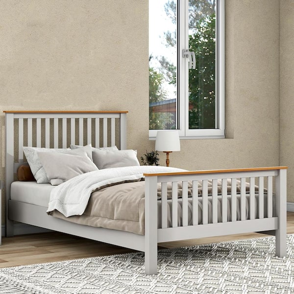Magic Home Full Size Modern Wood Platform Bed with Oak Headboard, Slat Support and No Box Spring Needed, Country Gray