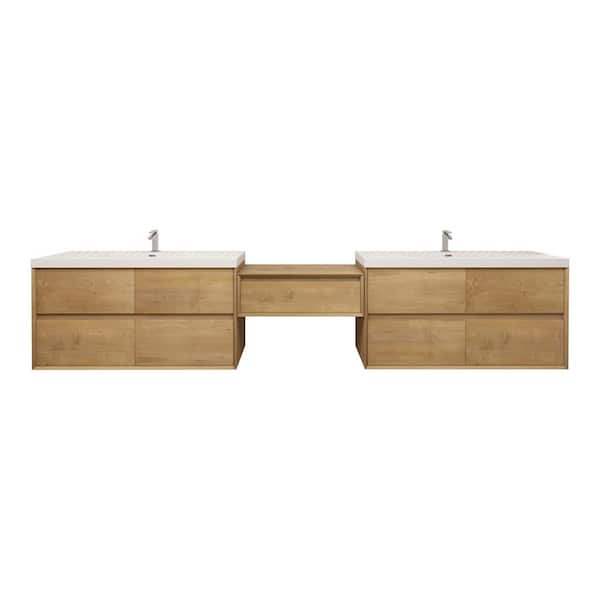 Kingdee 123 in. W x 20 in. D x 26 in. H Double Sink Middle Table Counter Bath Vanity in Teak Oak with White Acrylic Top