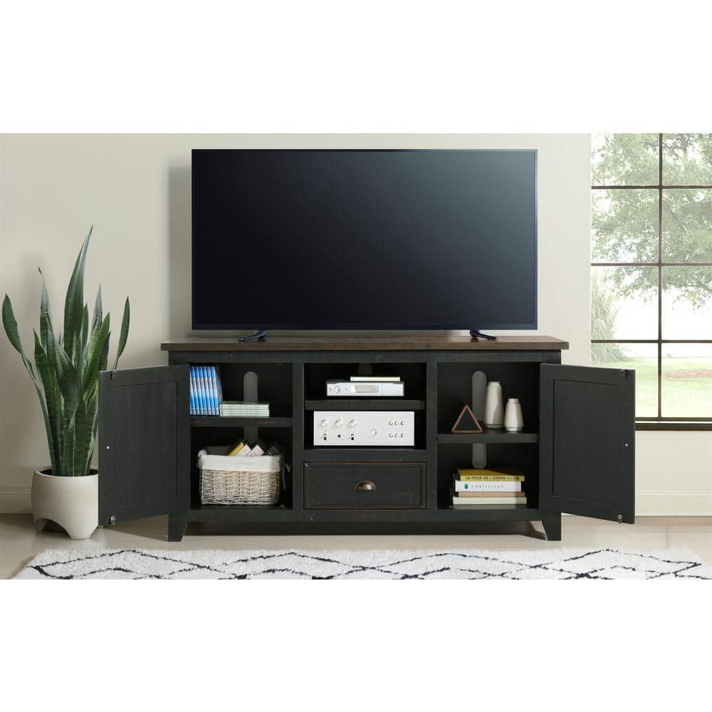 Coastal Farmhouse Black and Brown Pine TV Stand with Cabinets