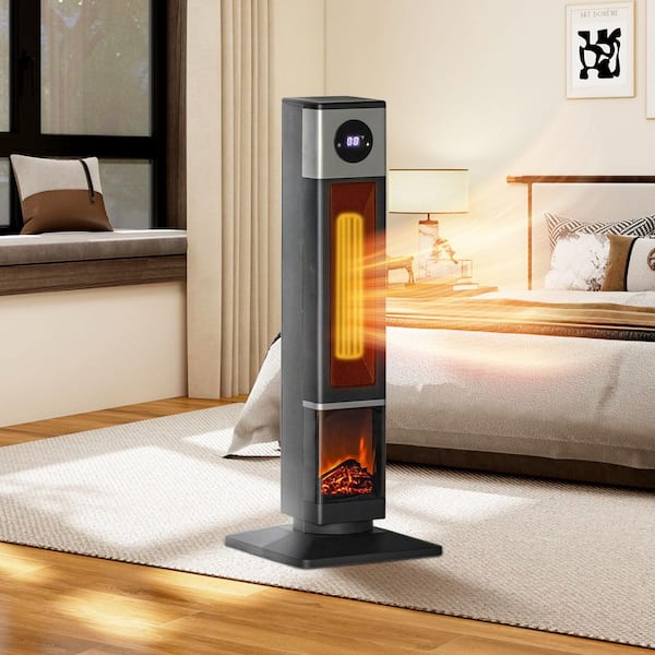 11 in. Freestanding Electric Fireplace Heater with 3D Flame, Remote, Timer, Heater 323 sq. ft., 1400W Heating in Black