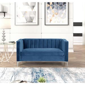 55 in. Wide Mid-Century Channel Tufted Velvet 2-Seater Sofa Couch Loveseat in Blue
