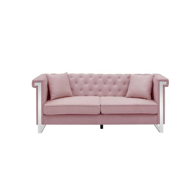 ANBAZAR Pink button sofa chenille fabric living room three-person sofa with two pillows