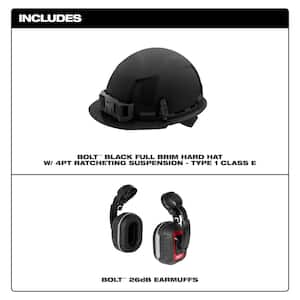 BOLT Black Type 1 Class E Full Brim Non Vented Hard Hat w/4 Point Ratcheting Suspension W/BOLT HP Cap Mounted Ear Muffs