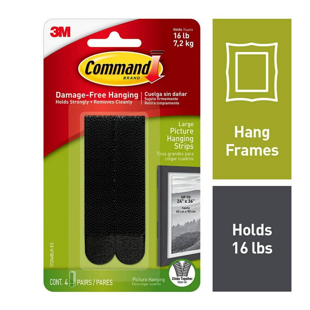 Large 17206BLK-ES Black Command Picture Hanging Strips 4-Pairs 