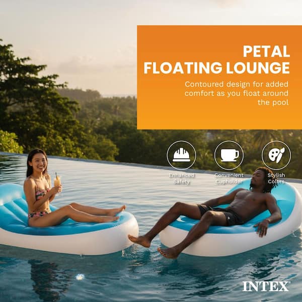 Petal Floating Lounge Chair Pool Float Lounger with Cupholder, Blue and White