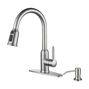 Stainless Steel Single-Handle Pull Down Sprayer Kitchen Faucet with Soap Dispenser in Brushed Nickel