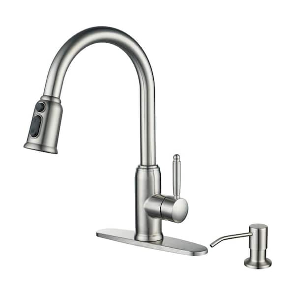 ALEASHA Stainless Steel Single-Handle Pull Down Sprayer Kitchen Faucet with Soap Dispenser in Brushed Nickel