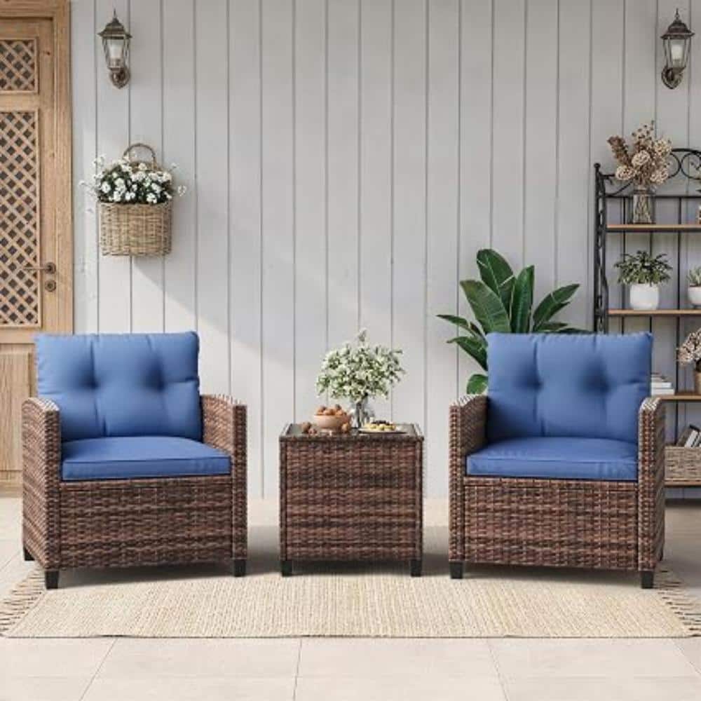 3-Piece PE Rattan Patio Furniture Set - Outdoor Wicker Conversation Chairs & Glass Table, Brown & Blue price history on PriceWatchPro