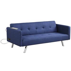 73 in. Blue Frabic Convertible Futon Sofa Bed Folding Recliner wIth USB Ports and Power Strip