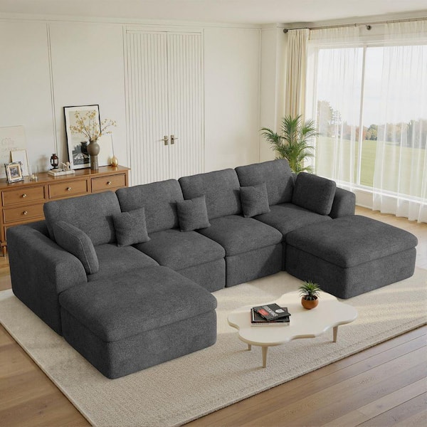 145 in. Modern Chenille Wider Armrest 6-Piece U-Shaped Sectional Sofa with Ottomans and Two Small Pillows in. Gray