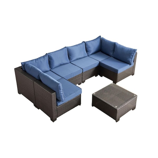 Hot Selling Black 7‑Piece Wicker Outdoor Sectional Set Patio Conversation Set with Blue Cushions for Backyard, Deck