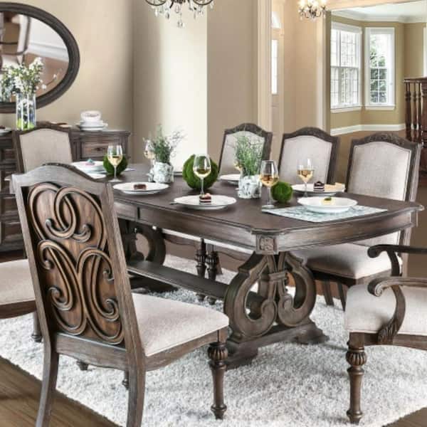 Rustic 9-Piece Dining Set – Table with Leaf + 6 Side + 2 Arm Chairs, Natural/Ivory