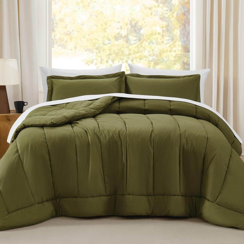 Brooklyn Loom Oversized Cotton Percale Olive Green King 3 Piece Comforter Set