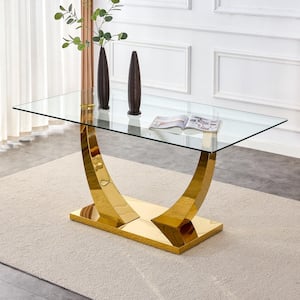 Modern Rectangle Gold Glass 63 in. Pedestal Dining Table Seats for 6