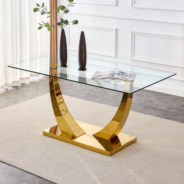 Polibi Modern Rectangle Gold Glass Pedestal Dining Table Seats for 6 (63.00 in. L x 30.00 in. H)