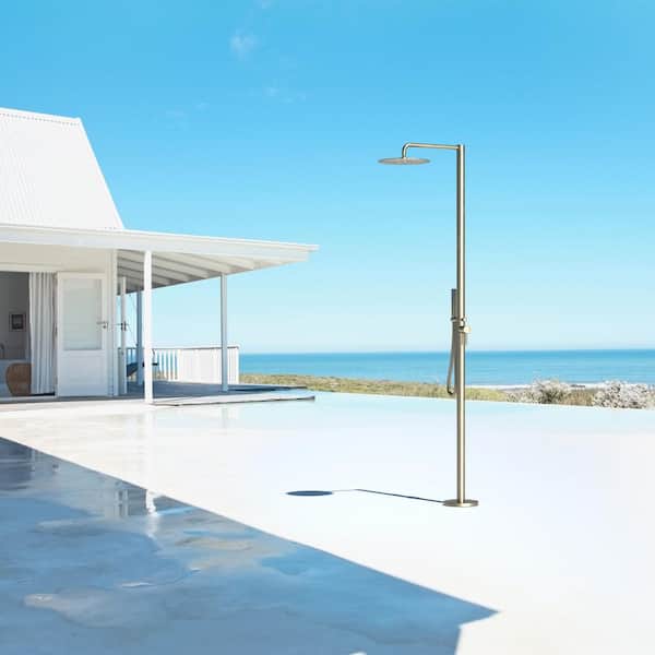 1-Handle Outdoor Freestanding Shower Faucet Kit 2 GPM Floor Mount Shower System Kit in Brushed Gold with Hand Shower