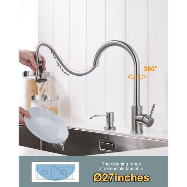 Single Handle Pull Down Sprayer Kitchen Faucet with Soap Dispenser Stainless Steel in Brushed Nickel