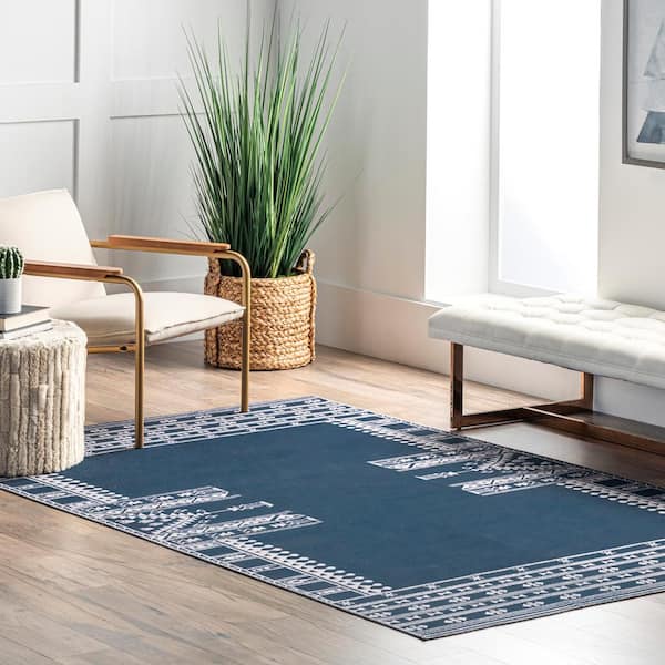 Joelle Machine Washable Tribal Geometirc Border Navy 5 ft. x 8 ft. Indoor Area Rug