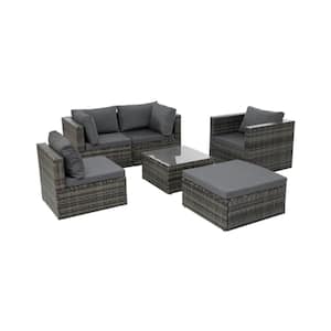 6-Pieces Outdoor Patio Dark Gray Seasonal PE Wicker Conversation Set w/Tempered Glass Coffee Table and Dark Gray Cushion