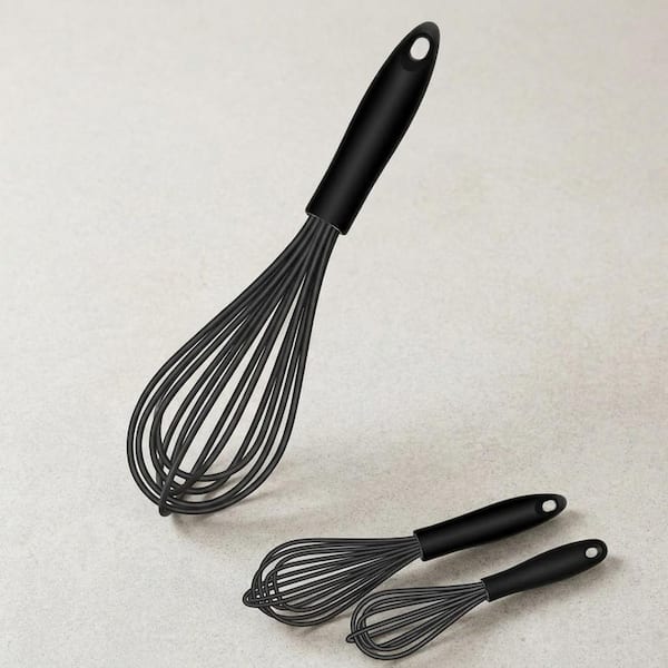 Silicone Kitchen Whisk Set 3-Piece Heat Resistant Balloon Whisks Heavy Duty Non-Scratch Cooking Stirring Tools, Black