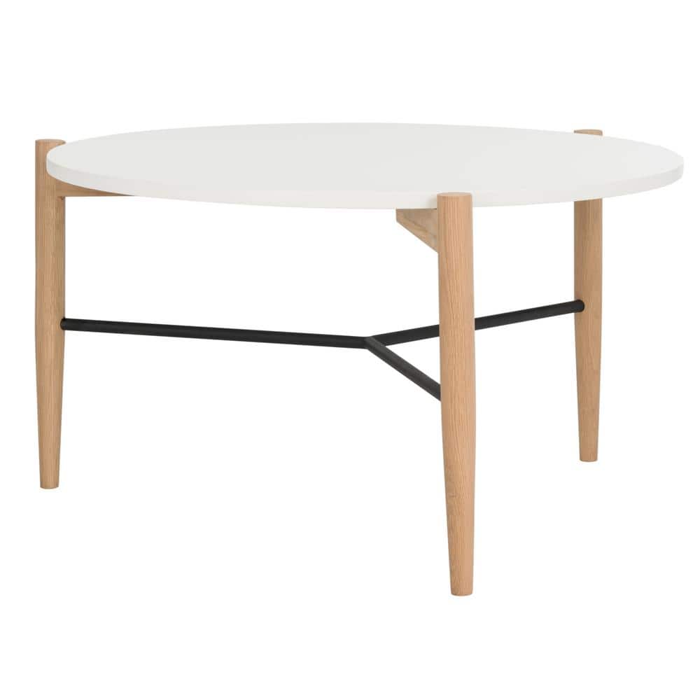 Thyme Round White and Oak Wood Cocktail Table with Metal Accents