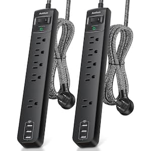 5-Outlet Power Strip Surge Protector with Switch, 3-USB Ports and 15 ft. Braided Extension Cord in Black (2 Packs)