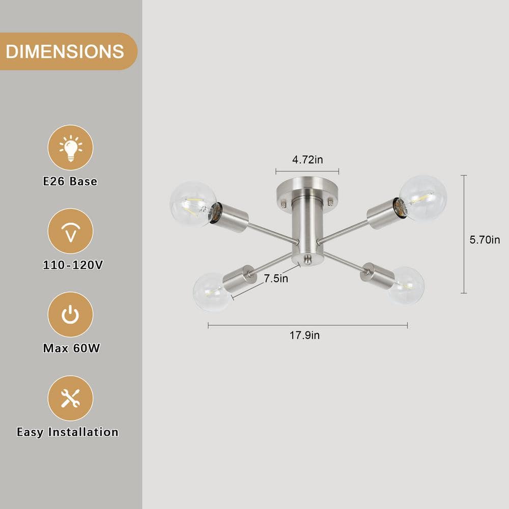 17.5'' Nickel 4-Light Linear Sputnik Ceiling Fixture