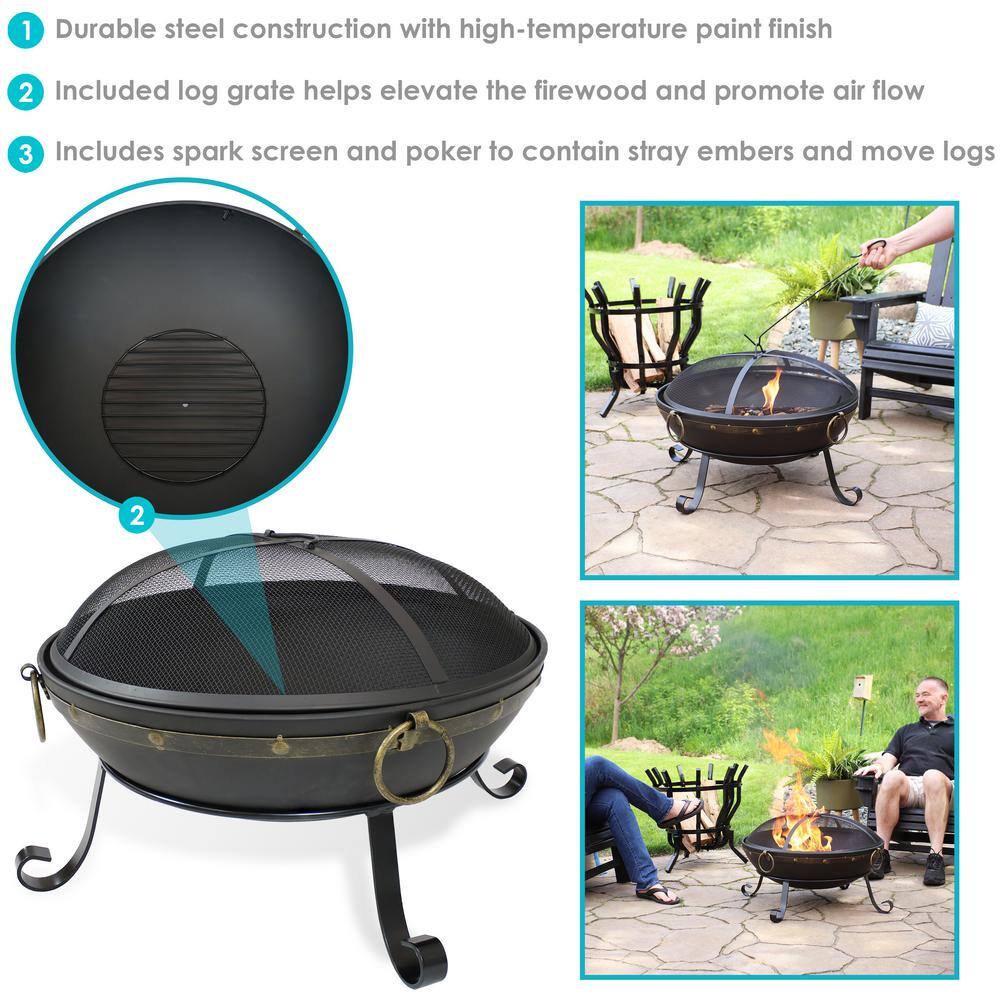 Victorian 25" Black Steel Fire Bowl with Spark Screen
