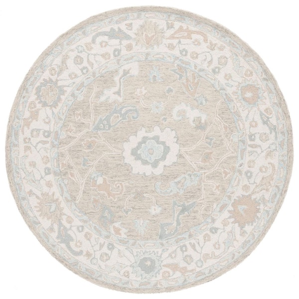 Ebony 4 ft. x 4 ft. Light Gray/Ivory Floral Border Round Area Rug