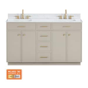 Marcote 60 in. Double Sink Greige Bath Vanity with White Volakas Engineered Marble Top (Assembled)