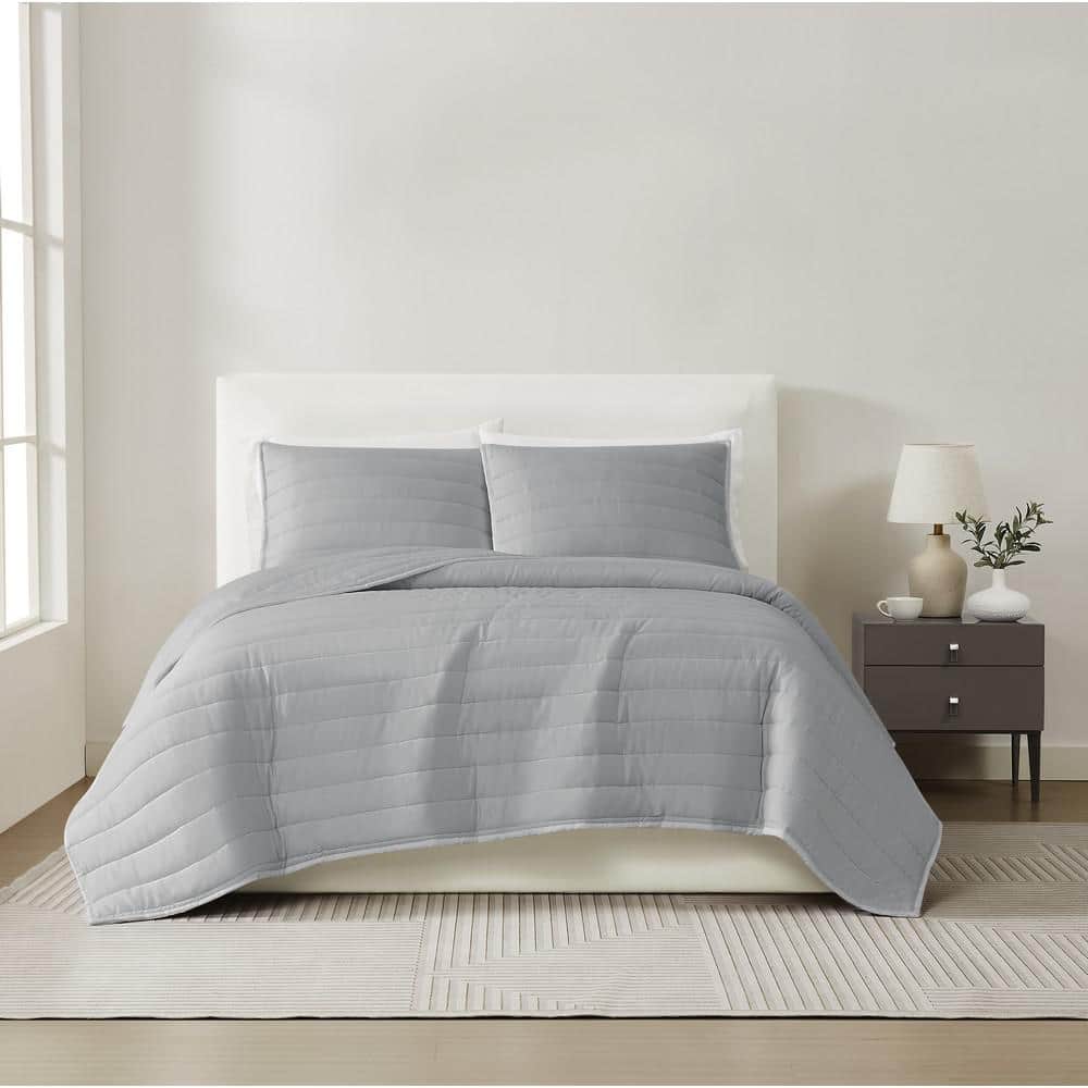 Gray Cotton Sateen King Quilt Set with Shams