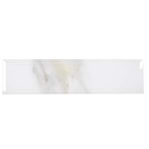Tuscan Design Calacatta White Beveled Subway 4 in. x 16 in. Marble Look Glossy Glass Wall Tile (2.66 sq. ft./Case)