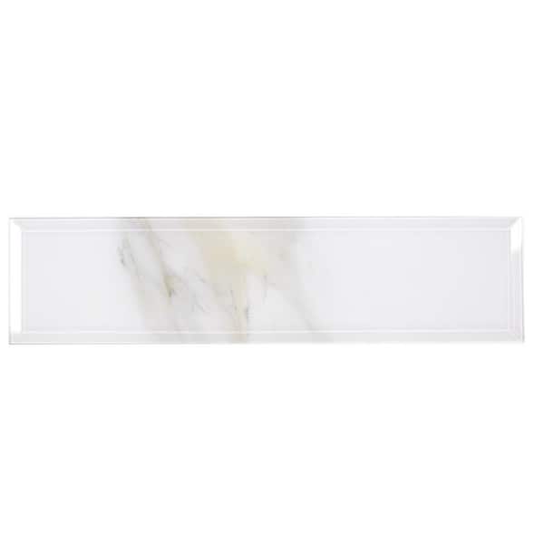 ABOLOS Tuscan Design Calacatta White Beveled Subway 4 in. x 16 in. Marble Look Glossy Glass Wall Tile (2.66 sq. ft./Case)