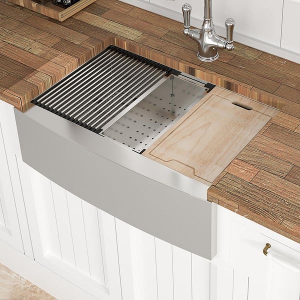 Timussi 30 in. Farmhouse Single Bowl 18 Gauge Brushed Nickel Stainless Steel Kitchen Sink with Workstation