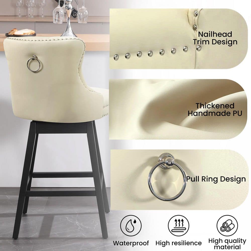 Beige Faux Leather Upholstered Swivel Counter Height Stools with Black Wood Legs, Set of 4