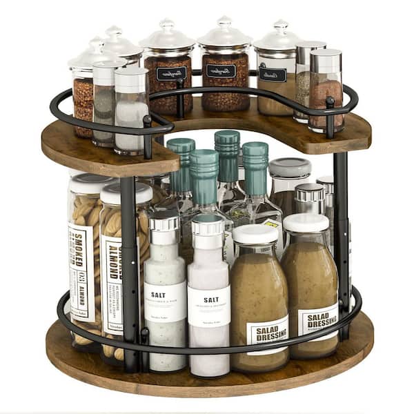 2 Tier Vintage Wood and Metal Adjustable Height 360° Rotating Countertop Lazy Susan Organizer Round