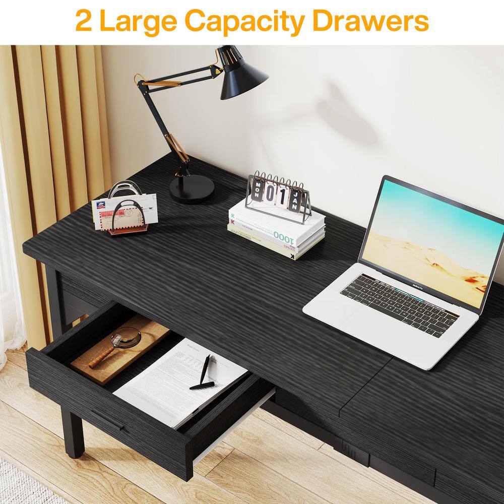 Black Engineered Wood Double Desk with Drawers