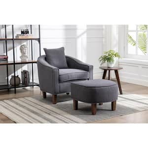 Modern Upholstered Comfy Dark Gray Linen Fabric Accent Chair with Ottoman Set