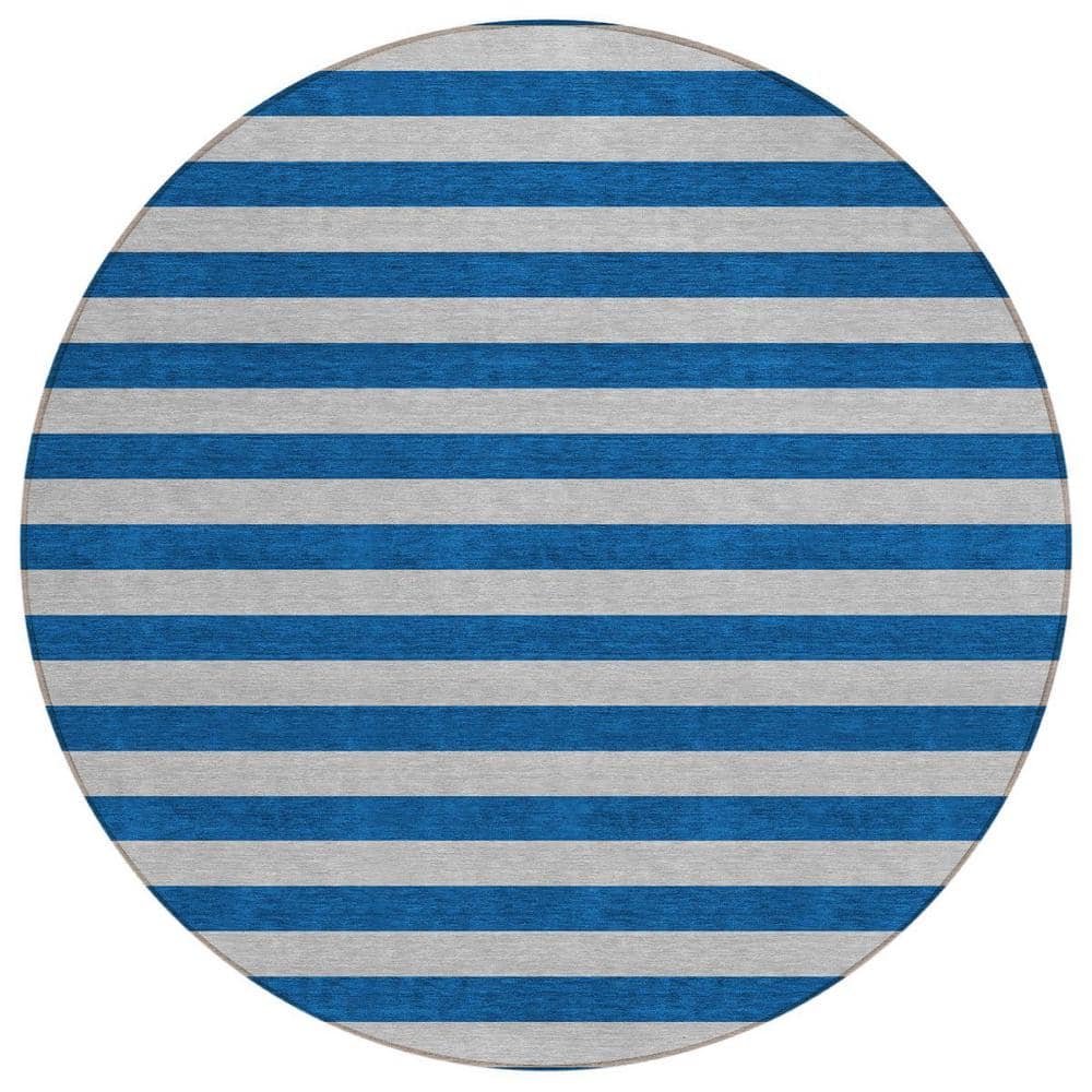Blue and Ivory 8 ft. Round Woven Striped Polyester Round Indoor/Outdoor Area Rug price history on PriceWatchPro