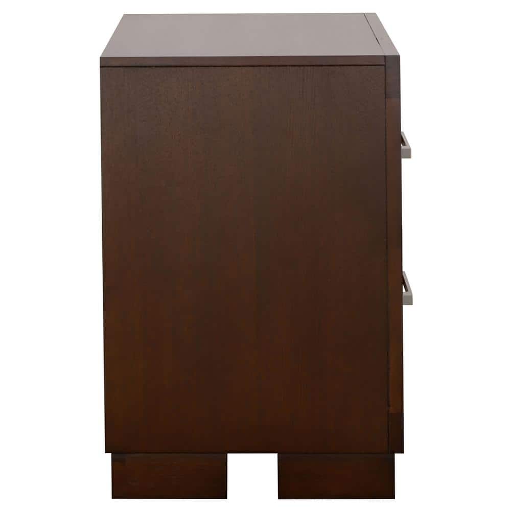 Transitional Cappuccino Brown 2-Drawer Nightstand with Silver Tone Bar Handles