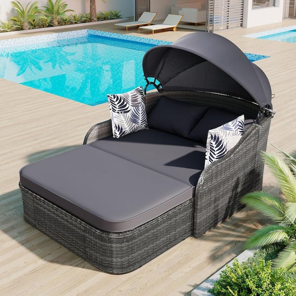 Unbranded Wicker Outdoor Day Bed with Adjustable Canopy Gray Cushions, Conversation Set, Outdoor Patio Furniture Set for Yard